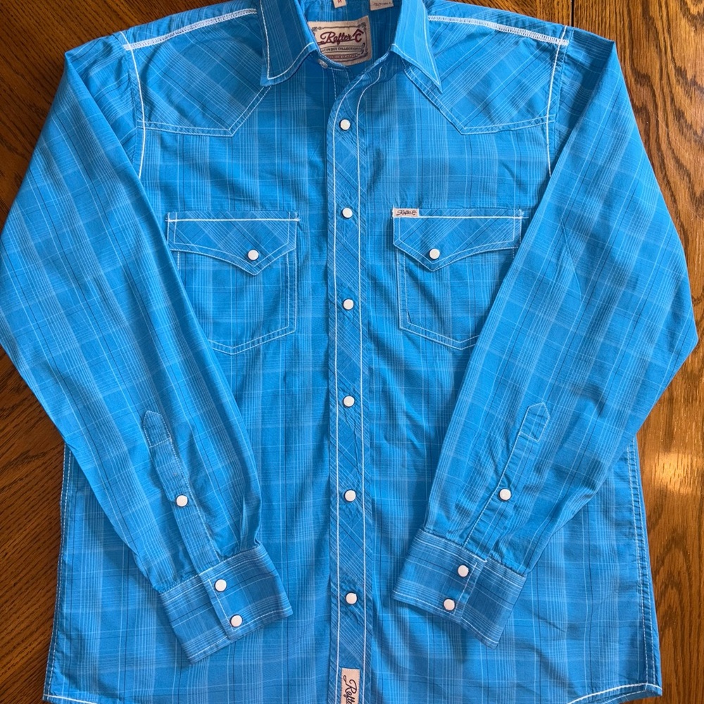 Men’s Rafter C Cowboy Collection Long Sleeve Shirt Blue Pearl Snaps Size M